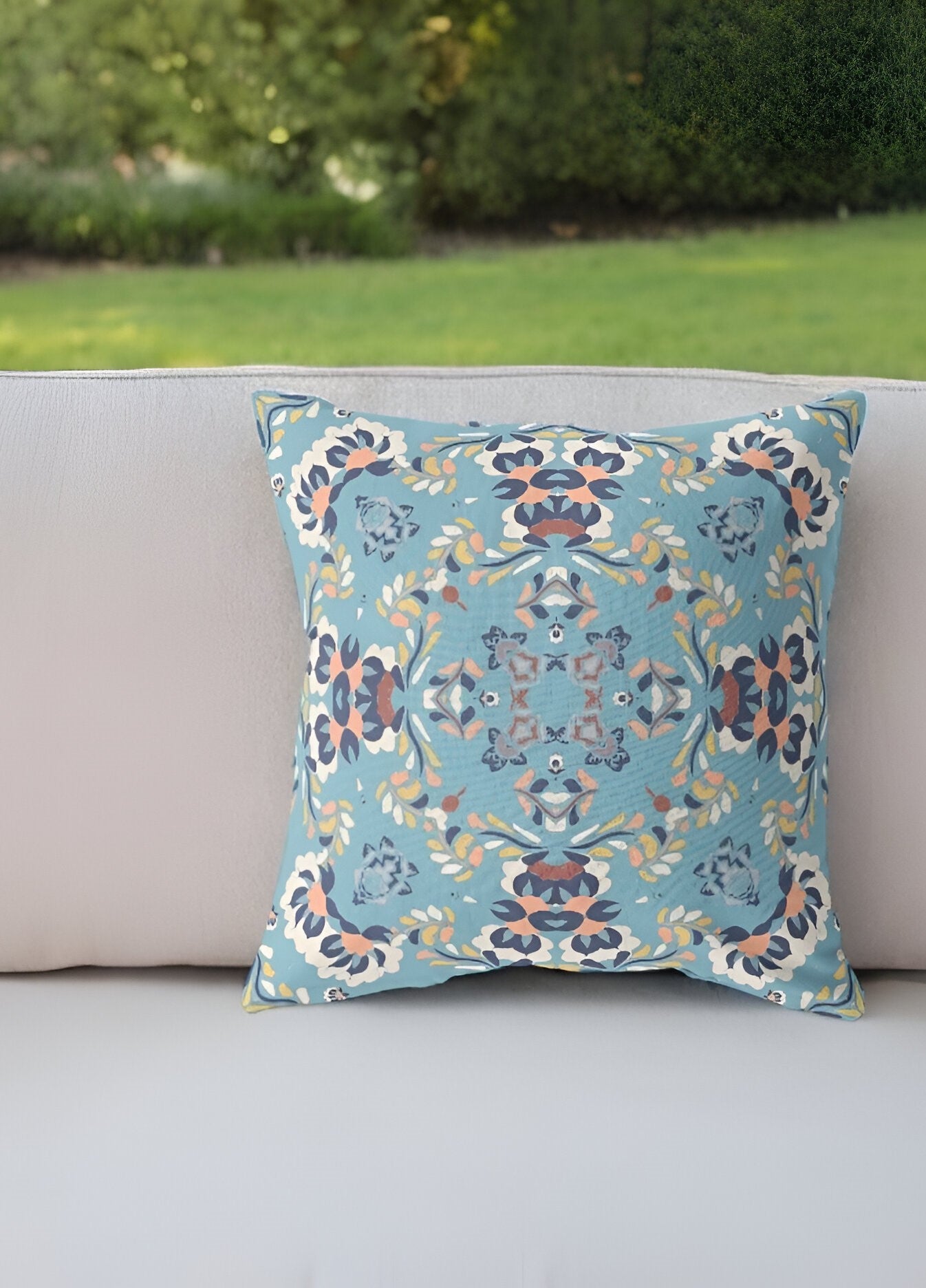 18" Blue Peach Filigree Indoor Outdoor Zip Throw Pillow