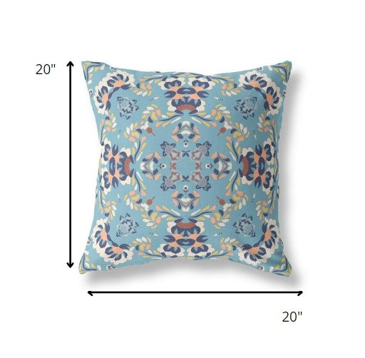 18" Blue Peach Filigree Indoor Outdoor Zip Throw Pillow