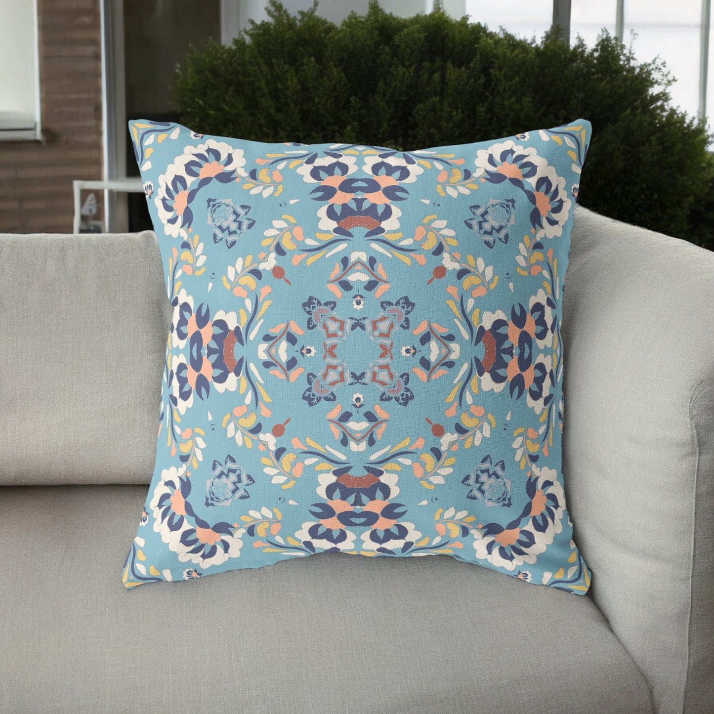 18" Blue Peach Filigree Indoor Outdoor Zip Throw Pillow