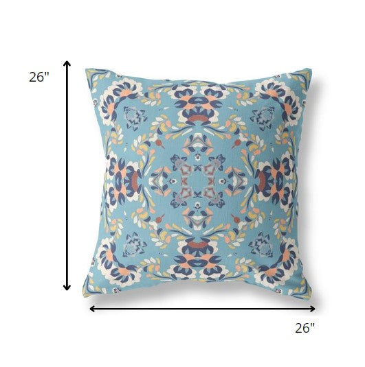 18" Blue Peach Filigree Indoor Outdoor Zip Throw Pillow