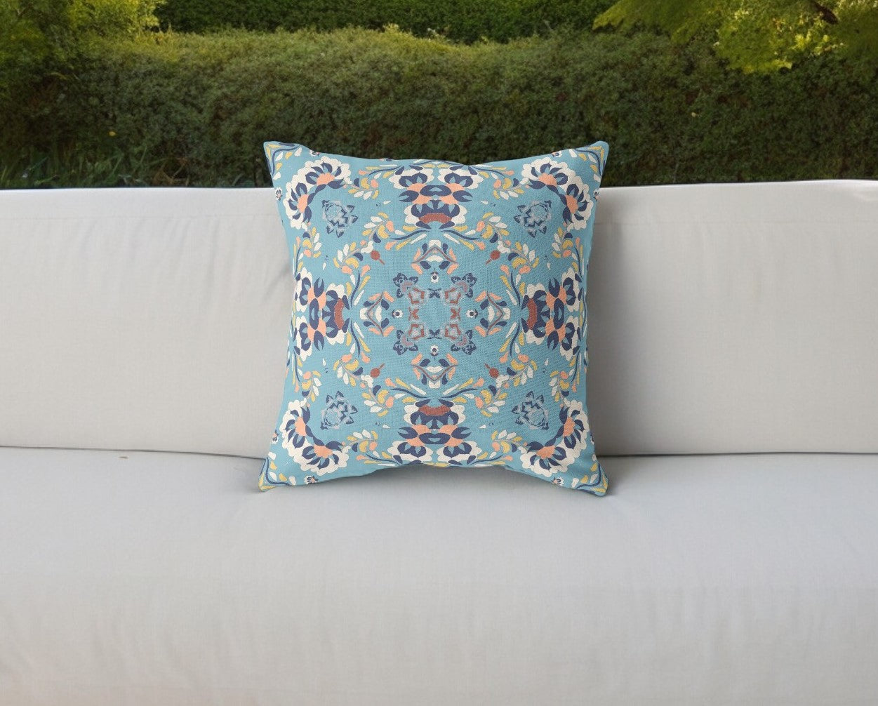 18" Blue Peach Filigree Indoor Outdoor Zip Throw Pillow