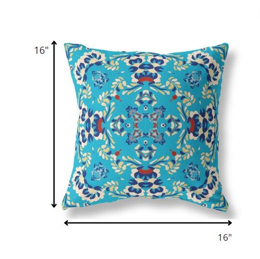 16" Cyan Blue Filigree Indoor Outdoor Zip Throw Pillow