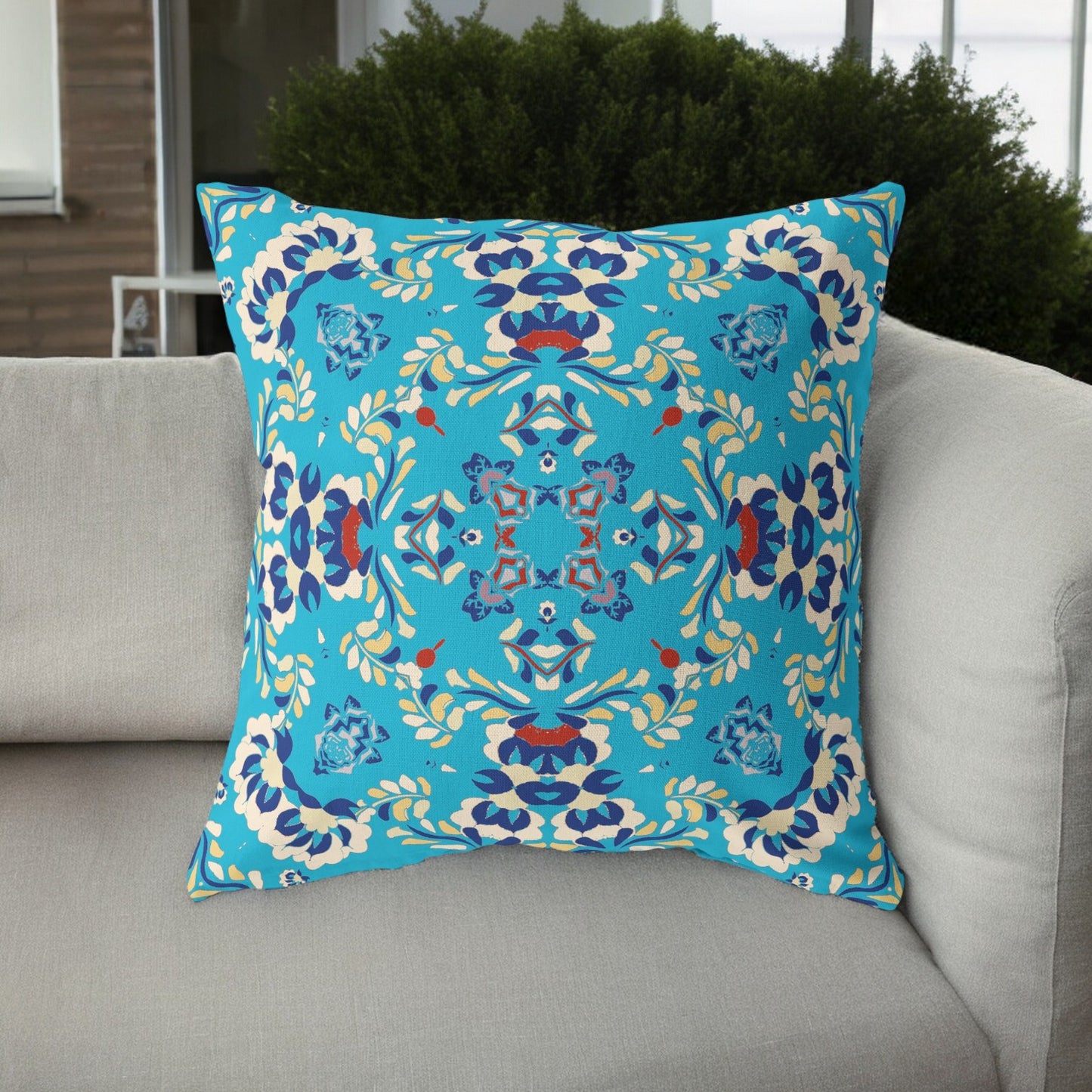 16" Cyan Blue Filigree Indoor Outdoor Zip Throw Pillow