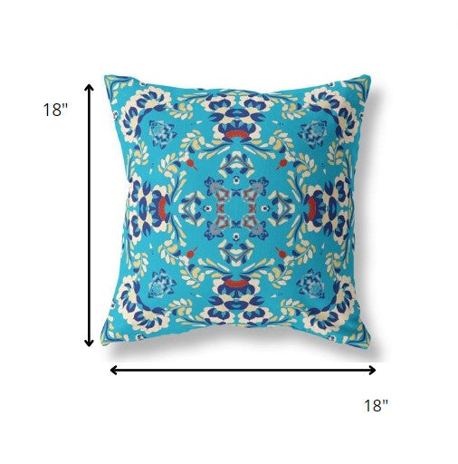 18" Cyan Blue Filigree Indoor Outdoor Zip Throw Pillow