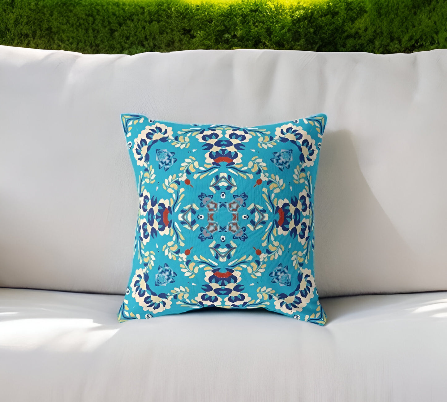 18" Cyan Blue Filigree Indoor Outdoor Zip Throw Pillow