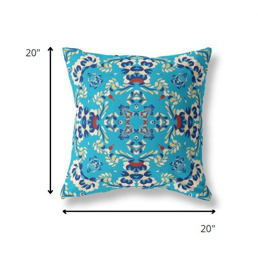 18" Cyan Blue Filigree Indoor Outdoor Zip Throw Pillow