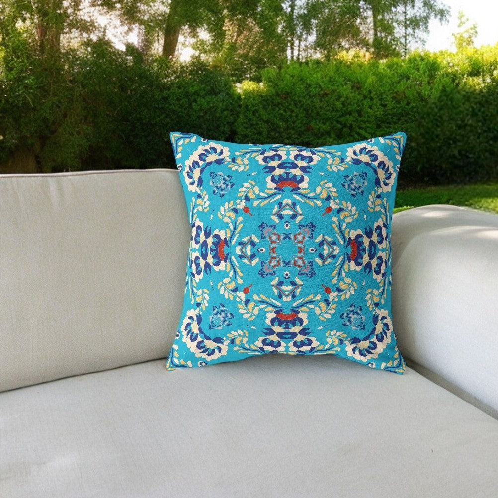 18" Cyan Blue Filigree Indoor Outdoor Zip Throw Pillow