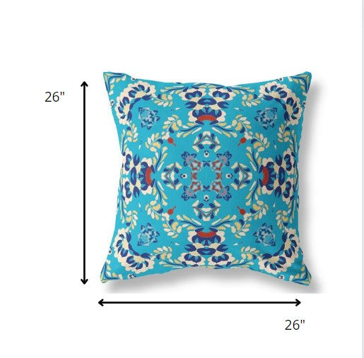 18" Cyan Blue Filigree Indoor Outdoor Zip Throw Pillow