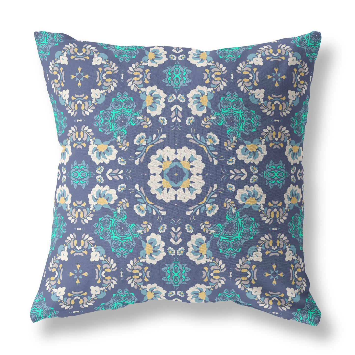 16"x16" Blue Gray And White Zip Indoor Outdoor Floral Throw Pillow