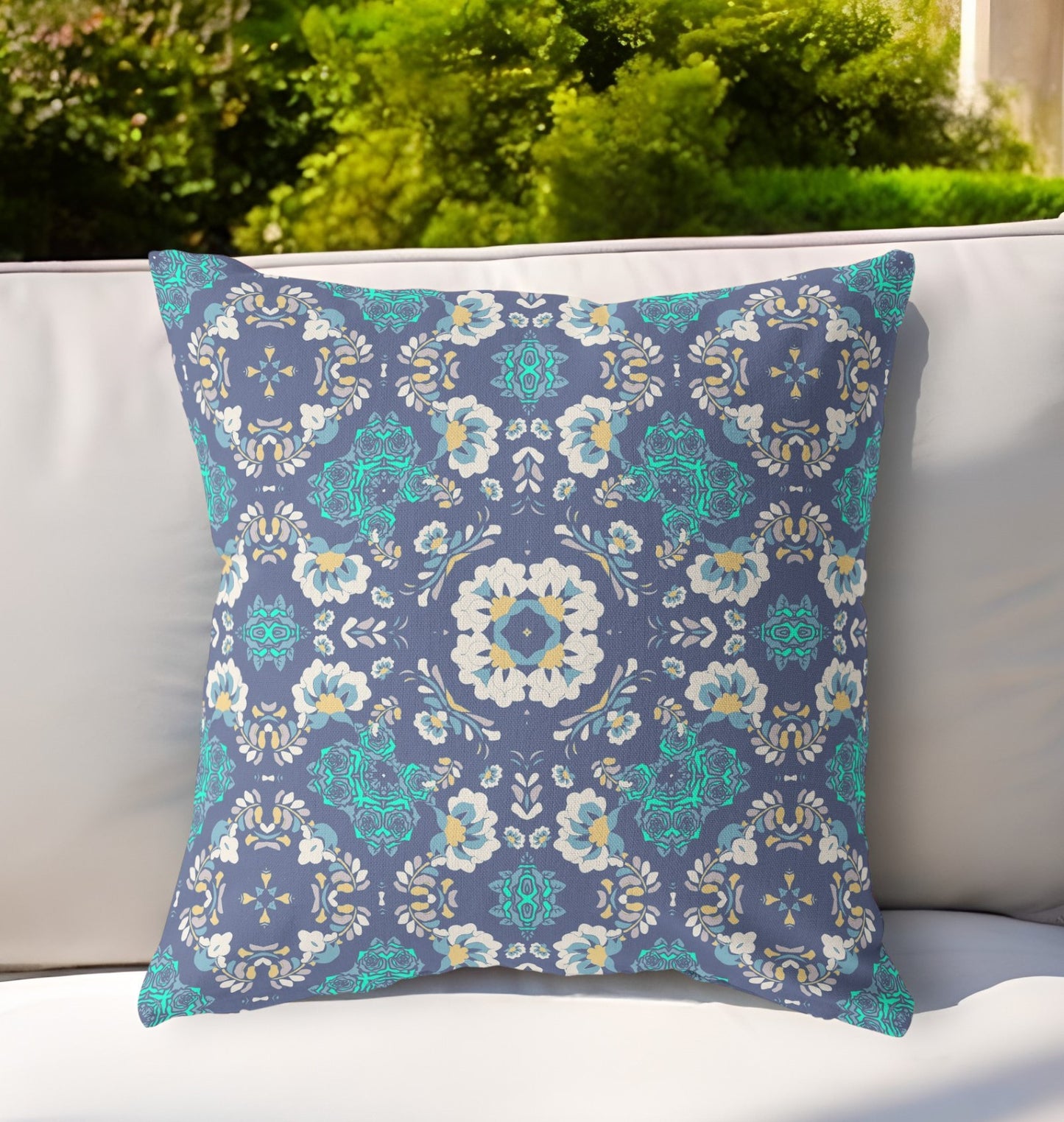 16"x16" Blue Gray And White Zip Indoor Outdoor Floral Throw Pillow