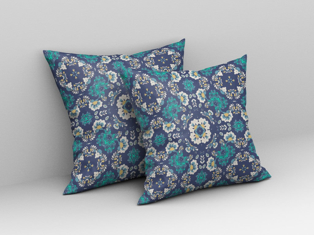 18" X 18" Blue And White Zippered Floral Indoor Outdoor Throw Pillow