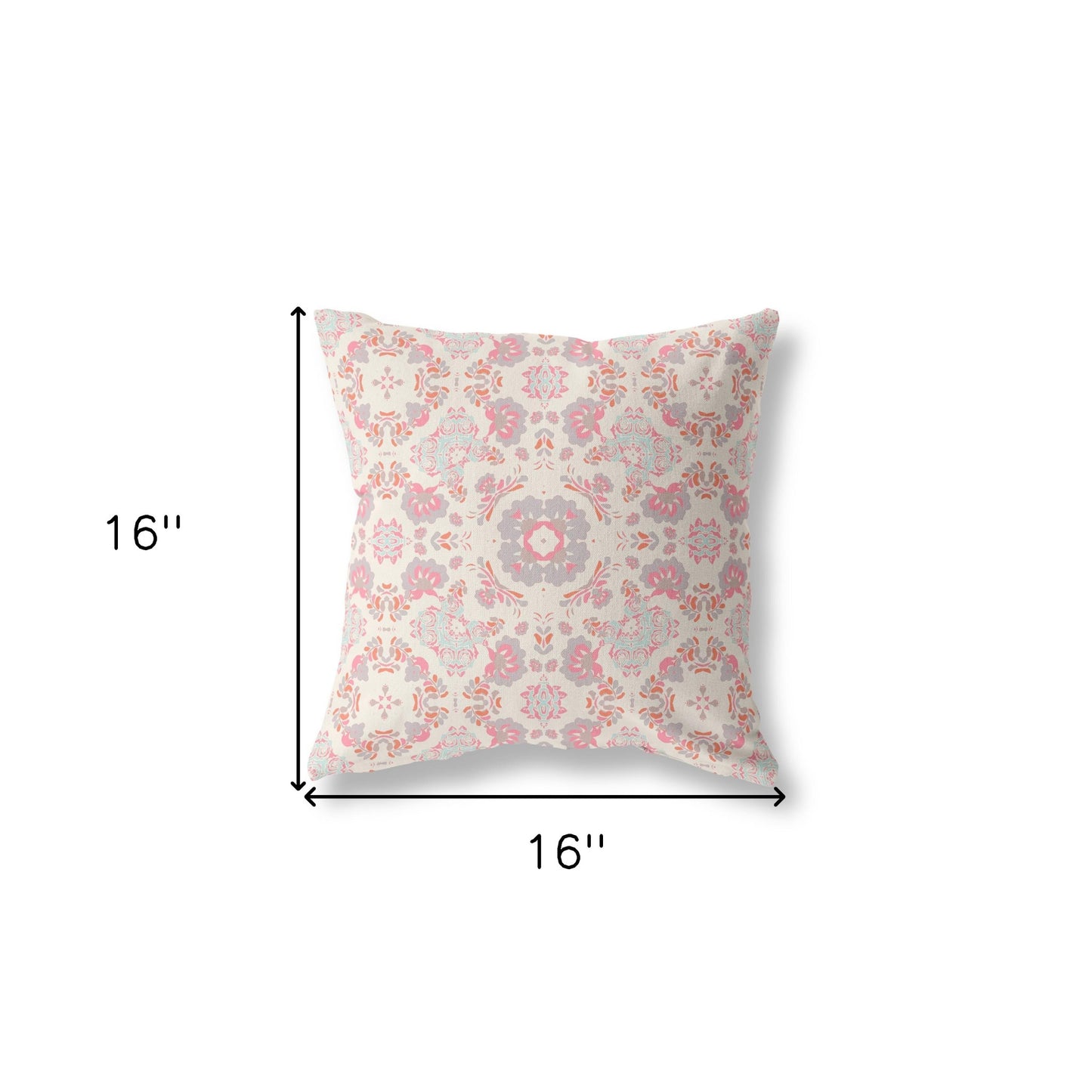 16" X 16" Pink And White Zippered Floral Indoor Outdoor Throw Pillow