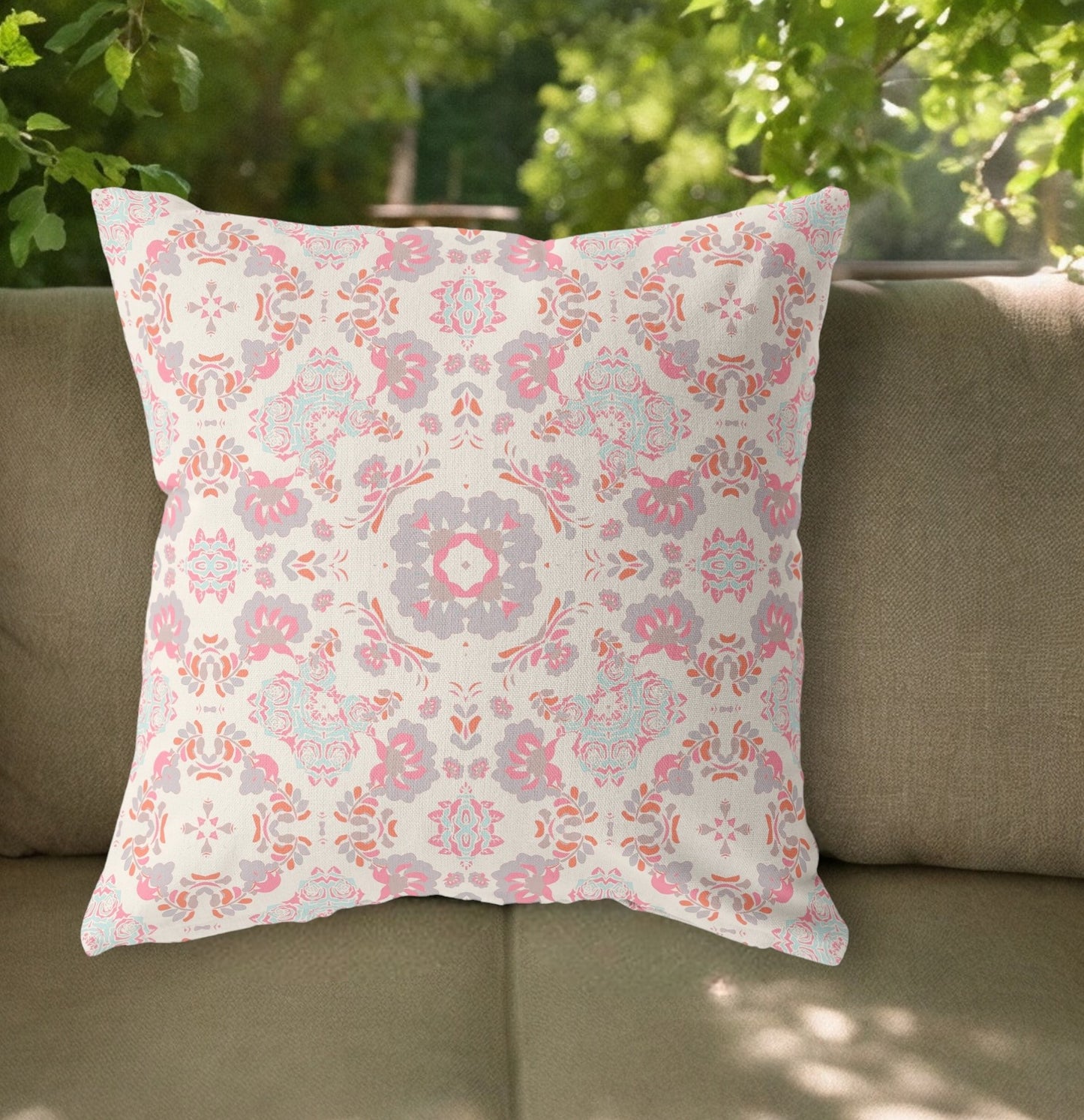 18"x18" Blush And White Zippered Broadcloth Floral Throw Pillow