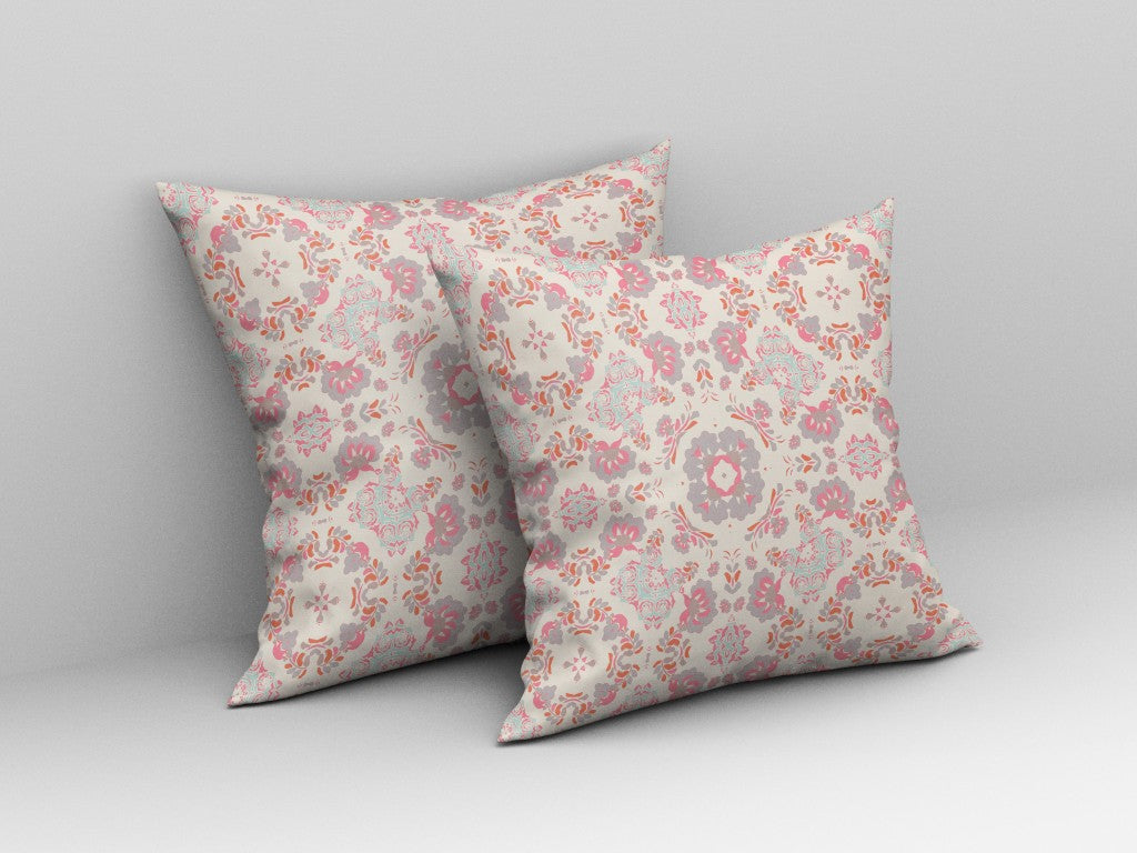 18"x18" Blush And White Zippered Broadcloth Floral Throw Pillow