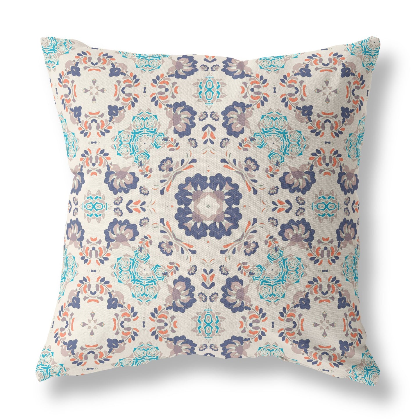 16" X 16" White And Blue Zippered Floral Indoor Outdoor Throw Pillow