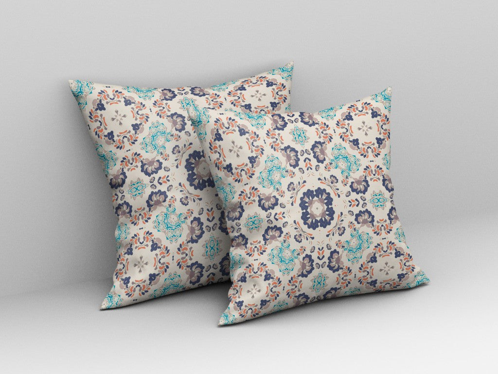 16" X 16" White And Blue Zippered Floral Indoor Outdoor Throw Pillow