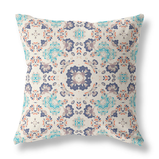 18"x18" White Gray and Teal Zip Broadcloth Floral Throw Pillow