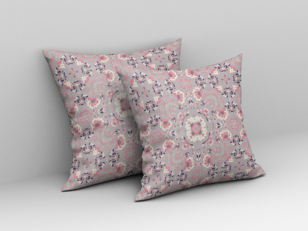 16" X 16" Muted Pink And White Zippered Floral Indoor Outdoor Throw Pillow