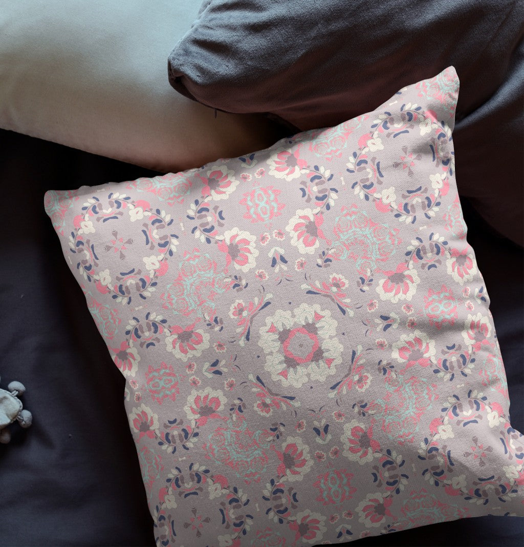 16" X 16" Muted Pink And White Zippered Floral Indoor Outdoor Throw Pillow