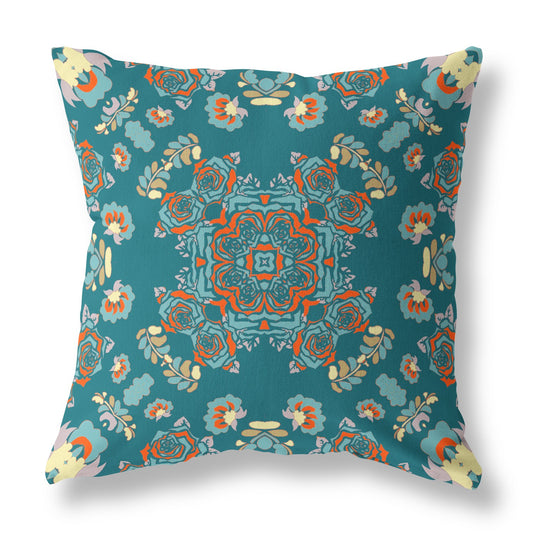 18” Teal Orange Wreath Indoor Outdoor Zippered Throw Pillow