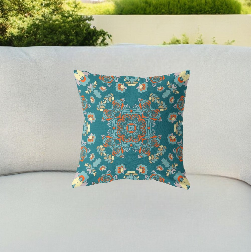 18” Teal Orange Wreath Indoor Outdoor Zippered Throw Pillow