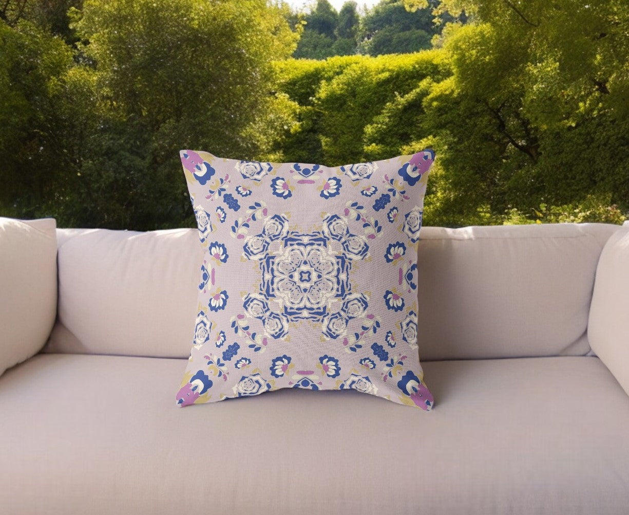 18” Lavender Blue Wreath Indoor Outdoor Zippered Throw Pillow