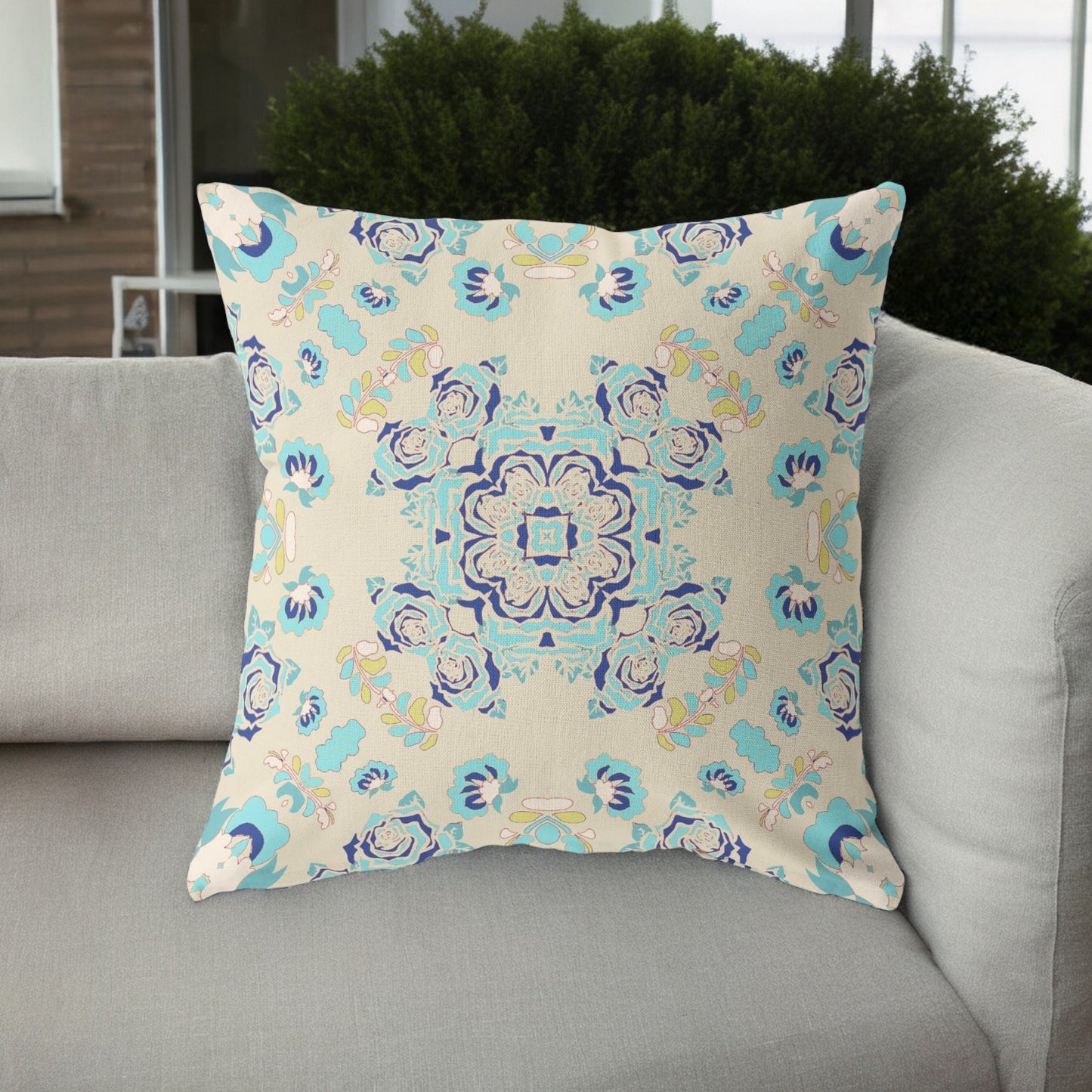 16” Blue Beige Wreath Indoor Outdoor Zippered Throw Pillow