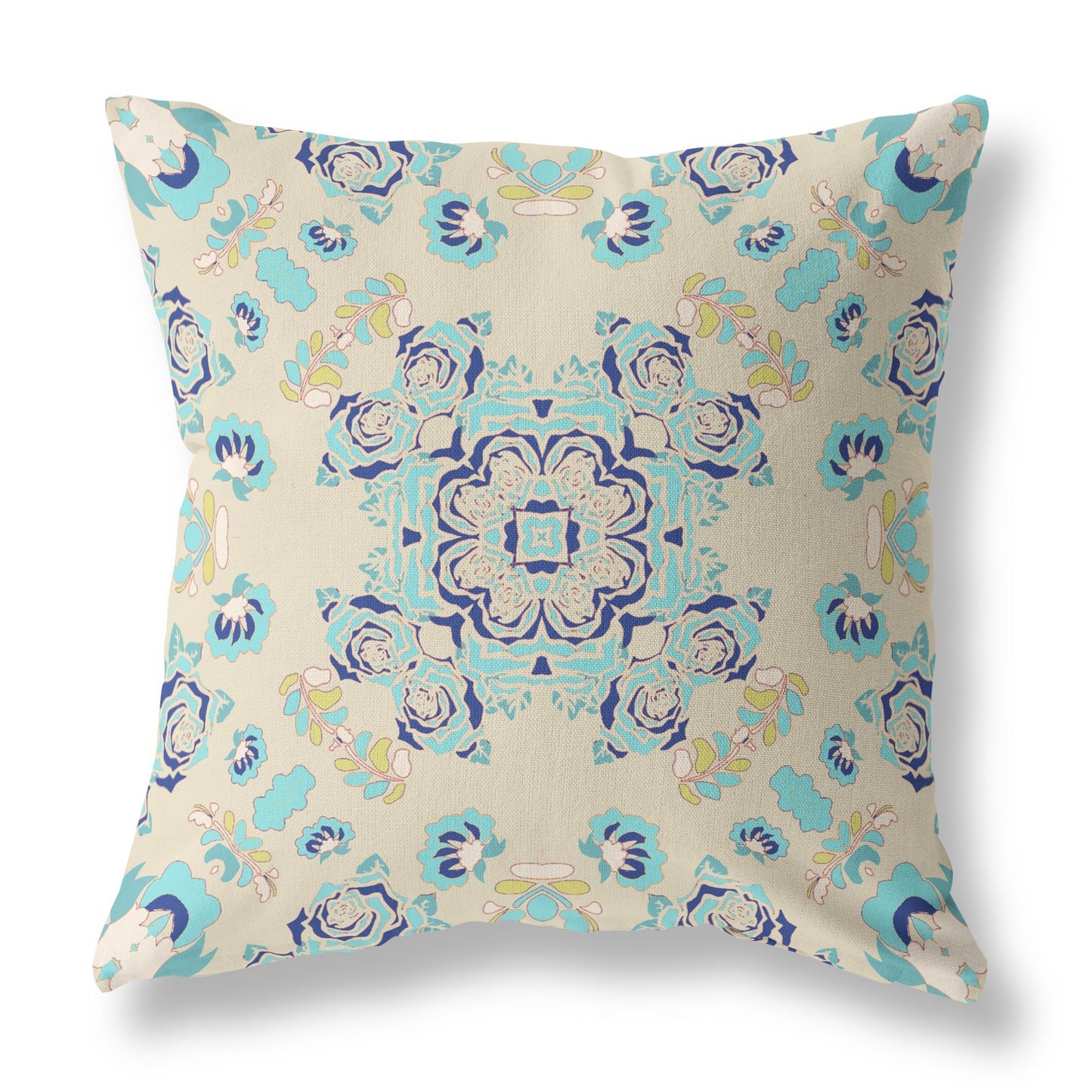 18” Blue Beige Wreath Indoor Outdoor Zippered Throw Pillow