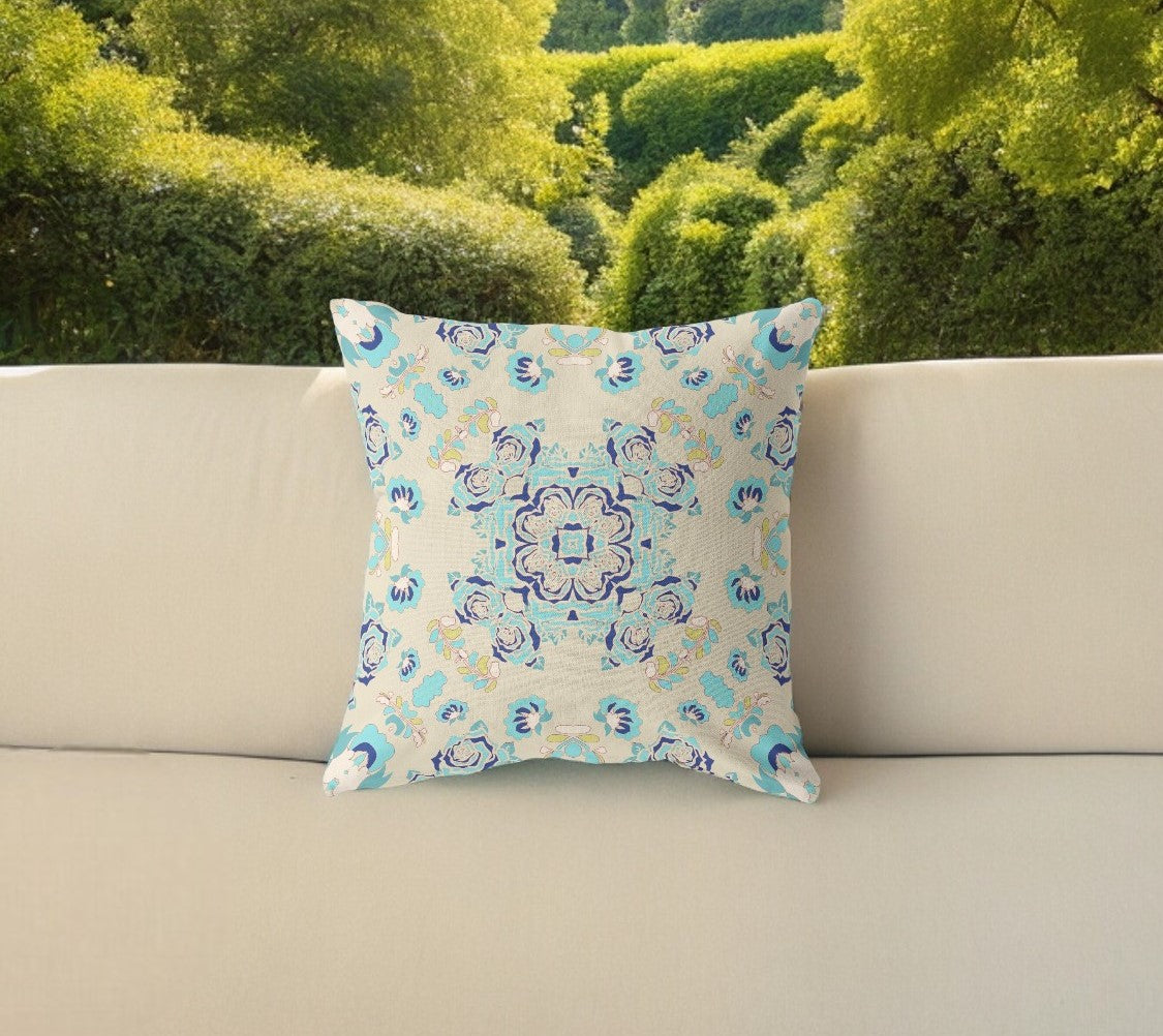 18” Blue Beige Wreath Indoor Outdoor Zippered Throw Pillow