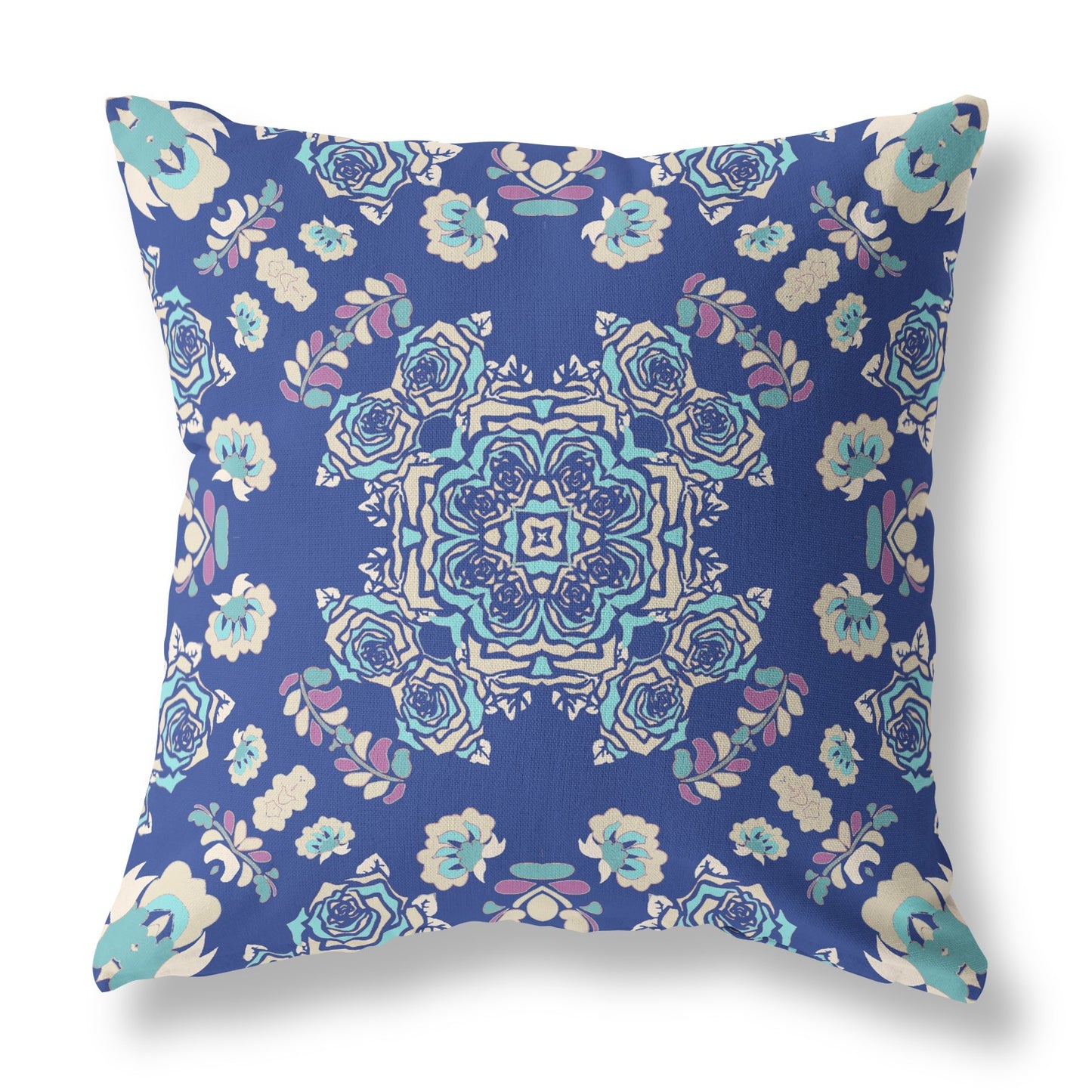 16” Blue Cream Wreath Indoor Outdoor Zippered Throw Pillow