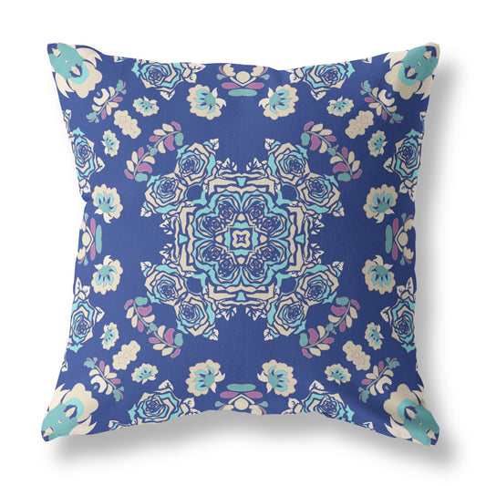 16” Blue Cream Wreath Indoor Outdoor Zippered Throw Pillow