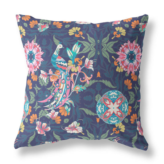 18" Navy Pink Peacock Indoor Outdoor Zip Throw Pillow