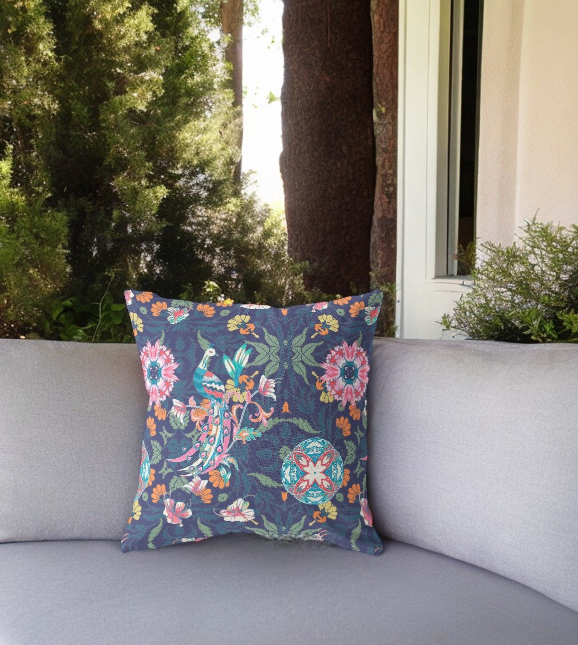 18" Navy Pink Peacock Indoor Outdoor Zip Throw Pillow