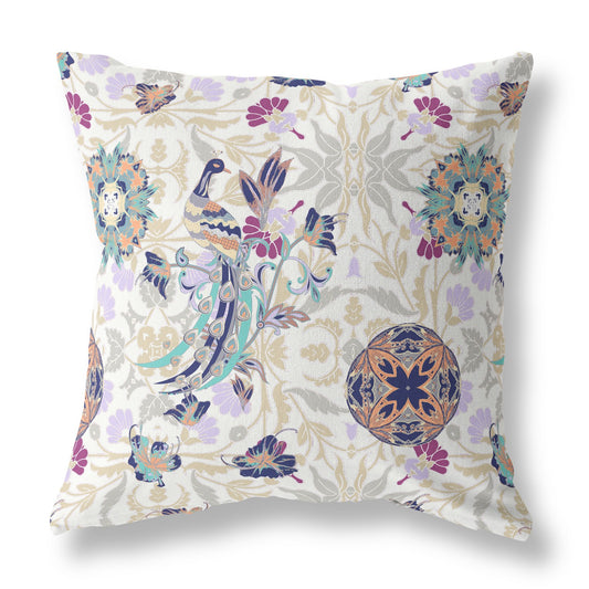 18" White Purple Peacock Indoor Outdoor Zip Throw Pillow