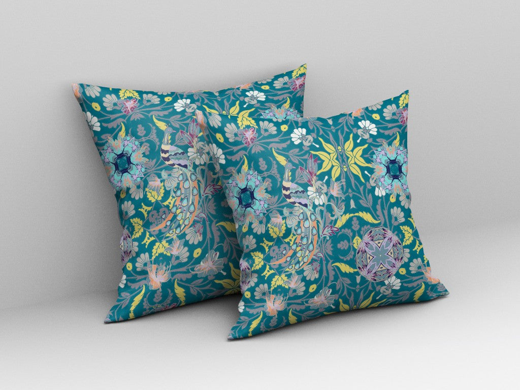 18" Teal Yellow Peacock Indoor Outdoor Zip Throw Pillow