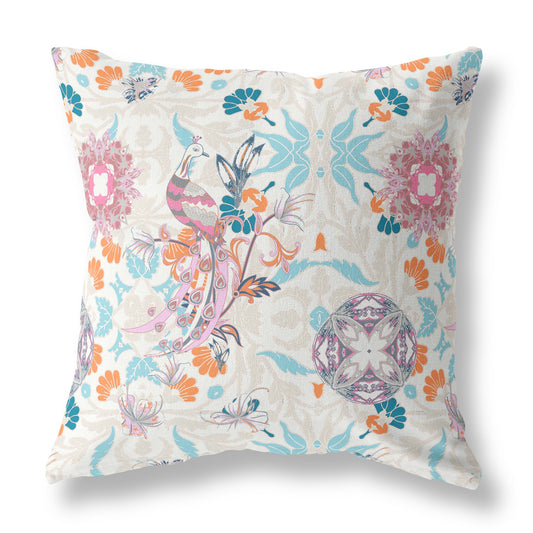 16" Pink Blue Peacock Indoor Outdoor Zip Throw Pillow