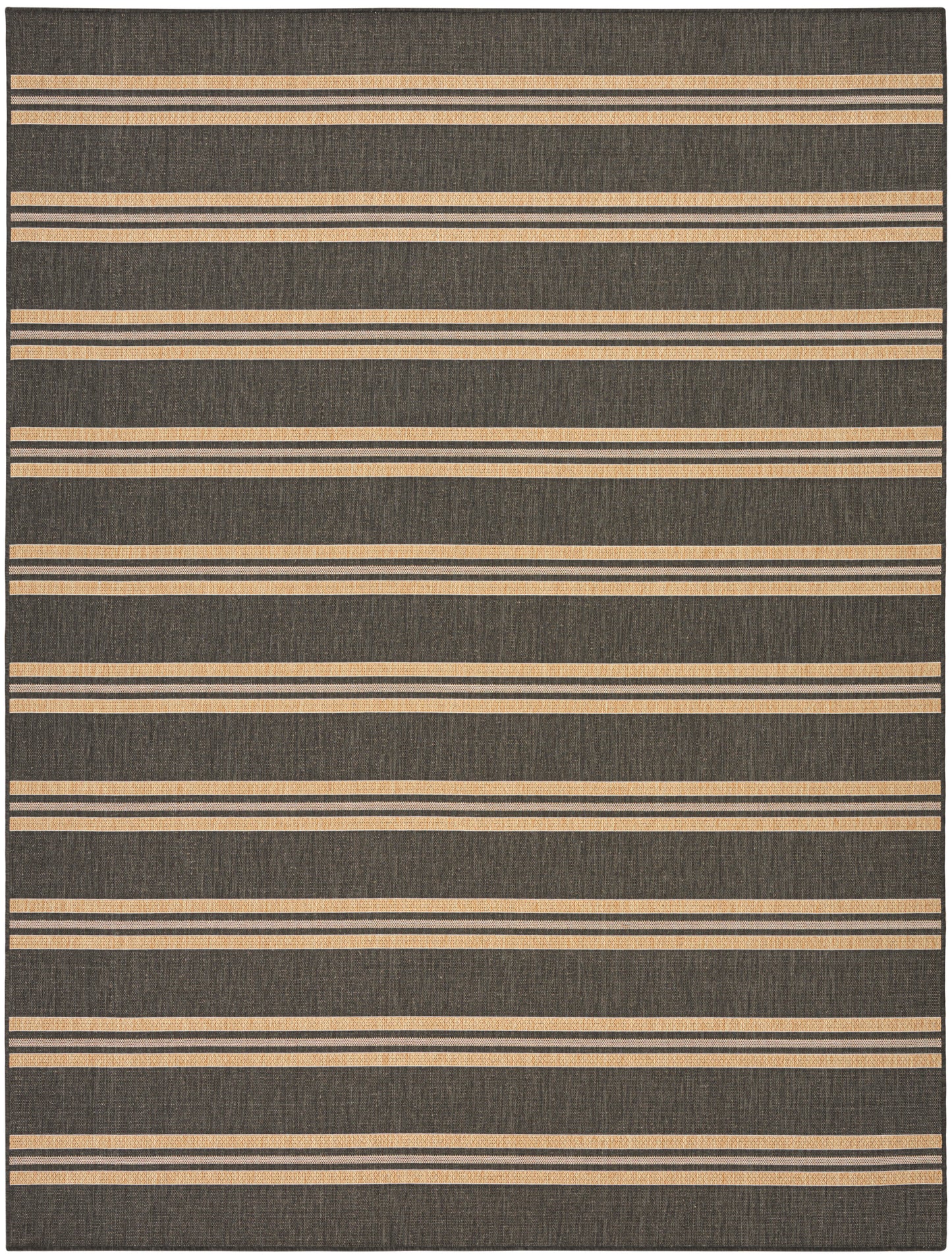 Rectangular dark gray flatweave rug with repeating narrow beige horizontal stripes.
