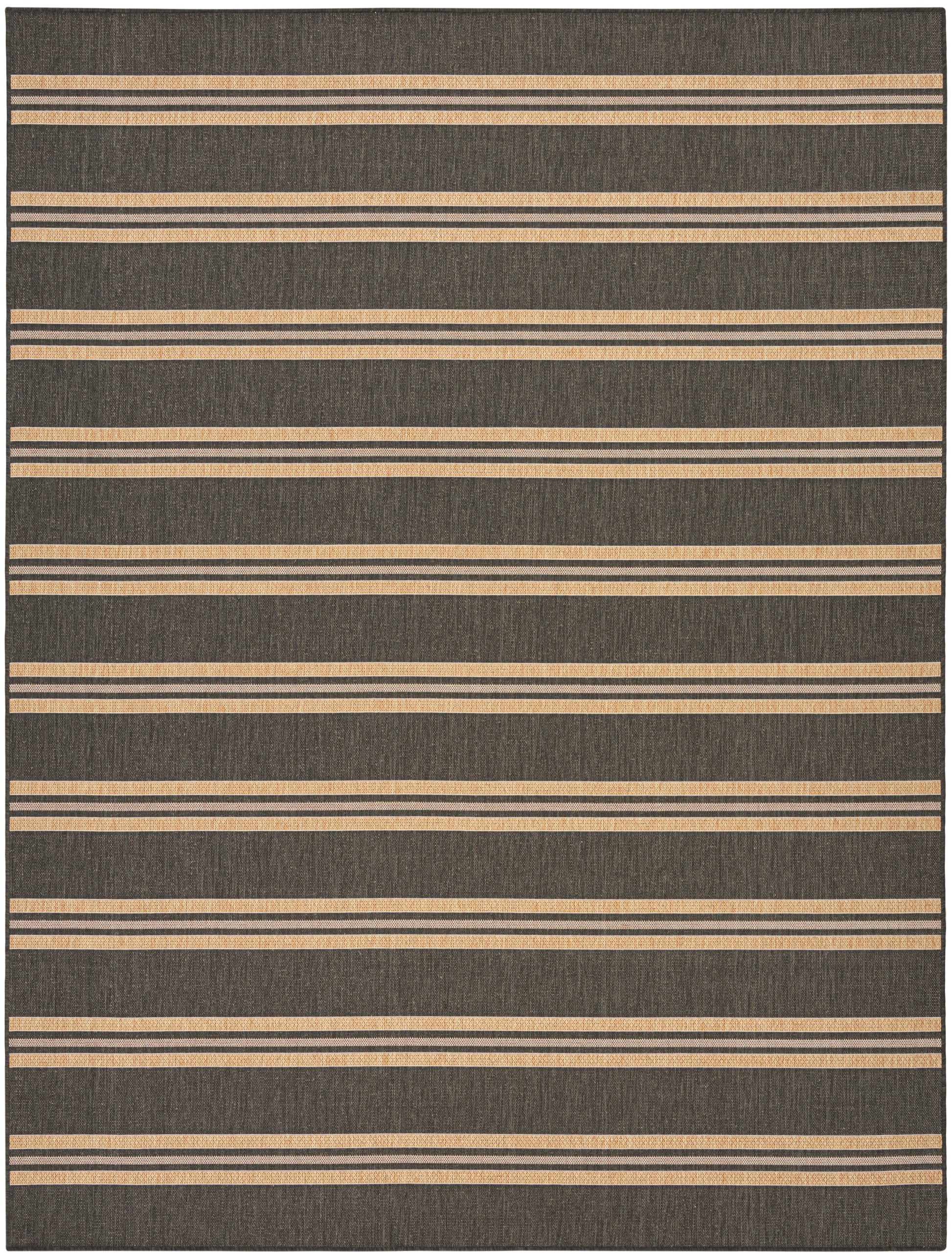 Rectangular dark gray flatweave rug with repeating narrow beige horizontal stripes.