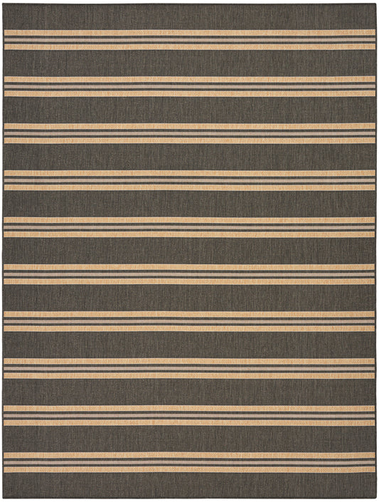 Rectangular dark gray flatweave rug with repeating narrow beige horizontal stripes.