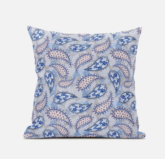 16” Blue Gray Boho Paisley Suede Throw Pillow