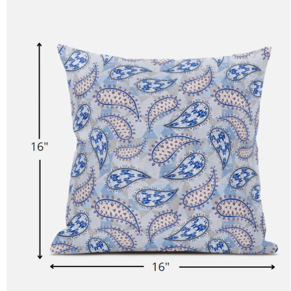 16” Blue Gray Boho Paisley Suede Throw Pillow