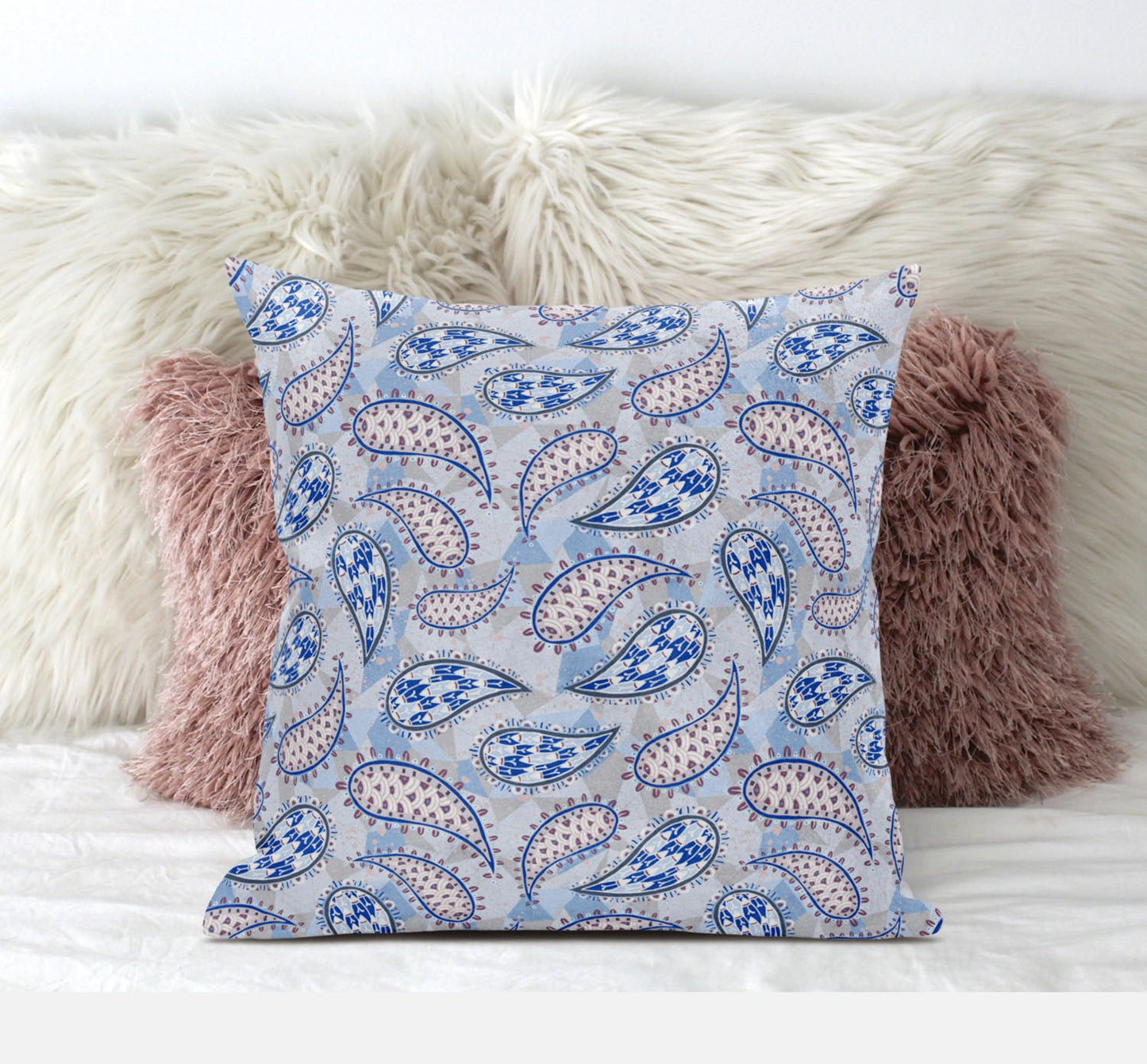 18” Blue Gray Boho Paisley Suede Throw Pillow