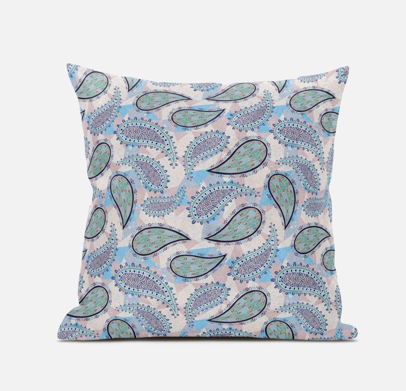 16” Blue Green Boho Paisley Suede Throw Pillow