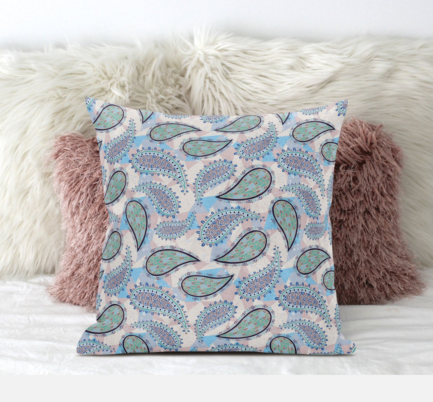 18” Blue Green Boho Paisley Suede Throw Pillow