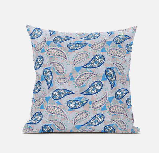 16” Blue Peach Boho Paisley Suede Throw Pillow