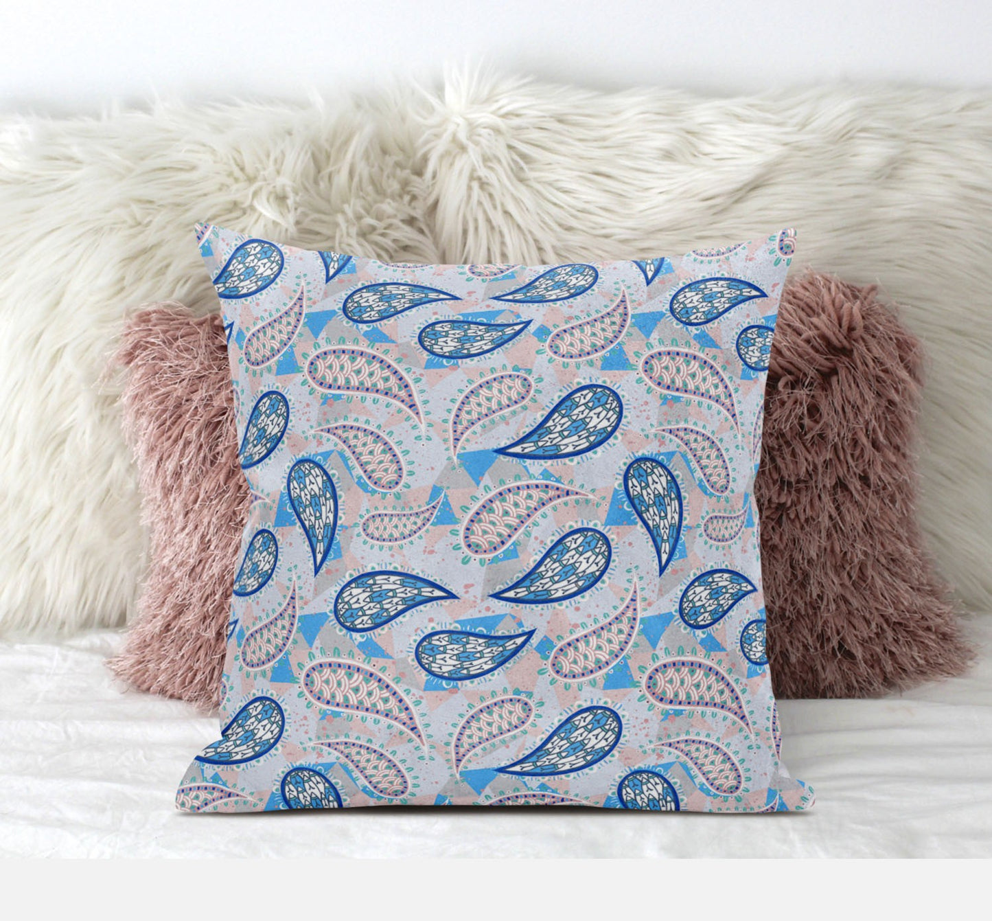 16” Blue Peach Boho Paisley Suede Throw Pillow