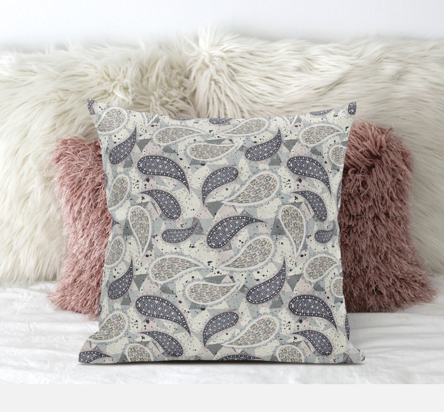 16” Gray Cream Boho Paisley Suede Throw Pillow