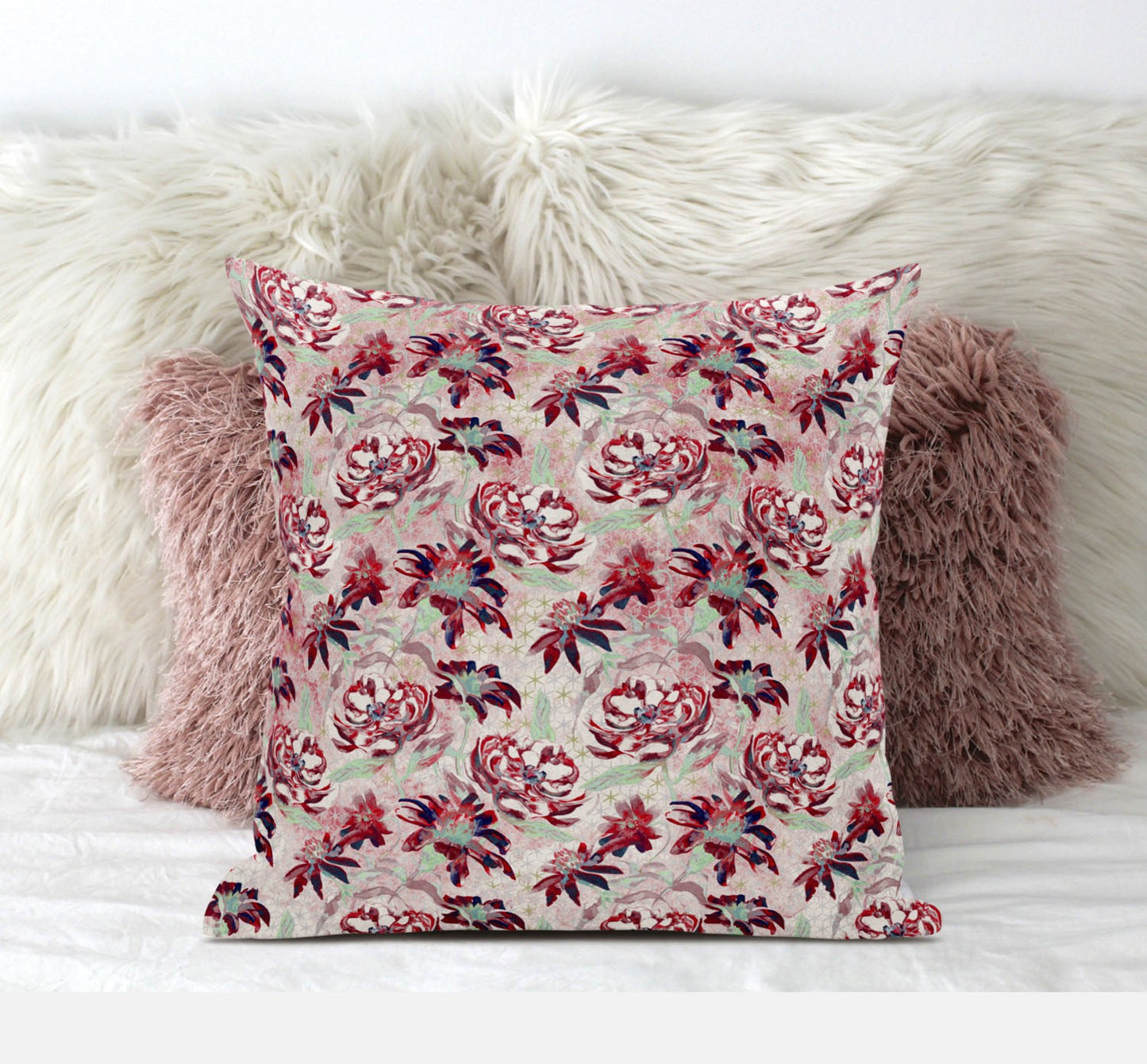 18" Red White Roses Suede Throw Pillow