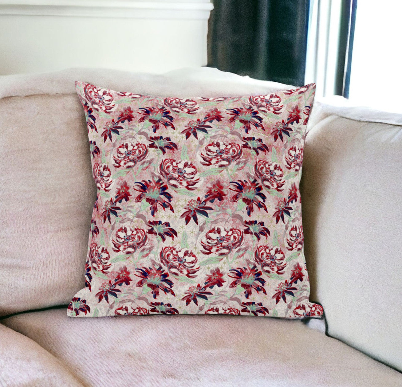 18" Red White Roses Suede Throw Pillow