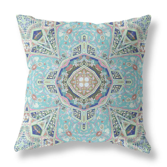 16" Aqua Blue Floral Geometric Suede Throw Pillow